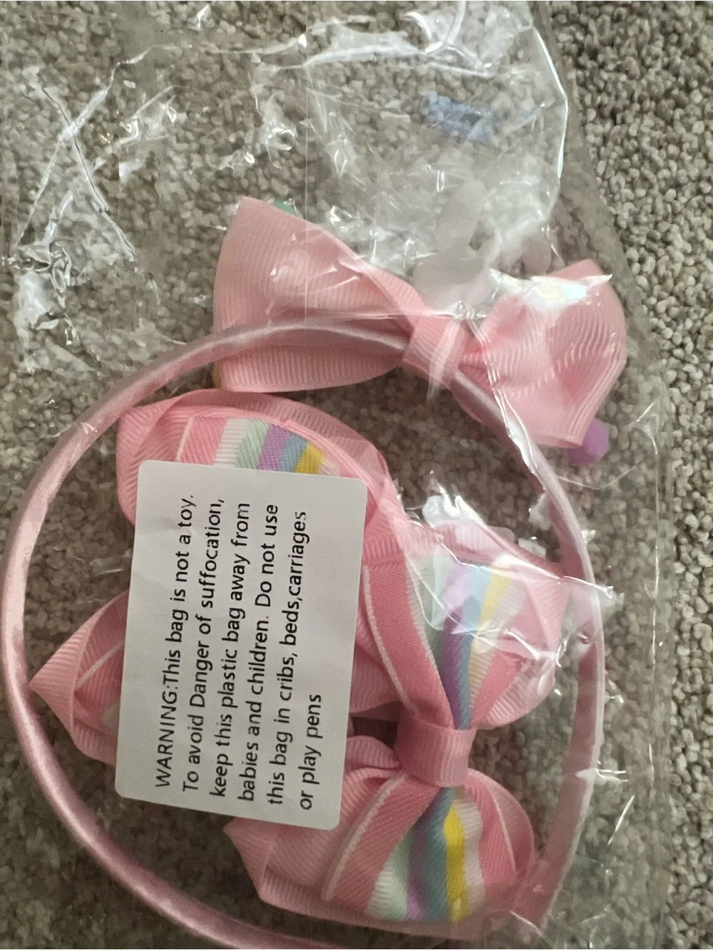 Girls Bunny Easter Pink Bows with rainbow, Headband and Clips Set NWT